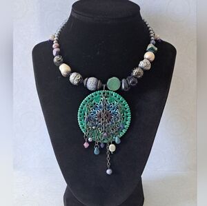 Boho Multi-Color Beaded Medallion Pendant Necklace.